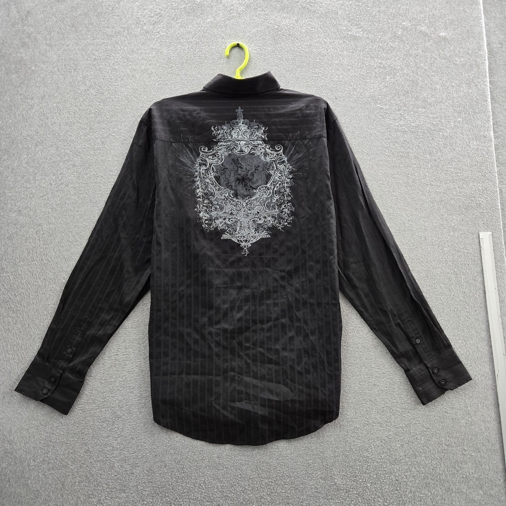 Level Ten Men Button Up Shirt XL Black‎ Striped Grunge Y2K Skater Ornate Crest